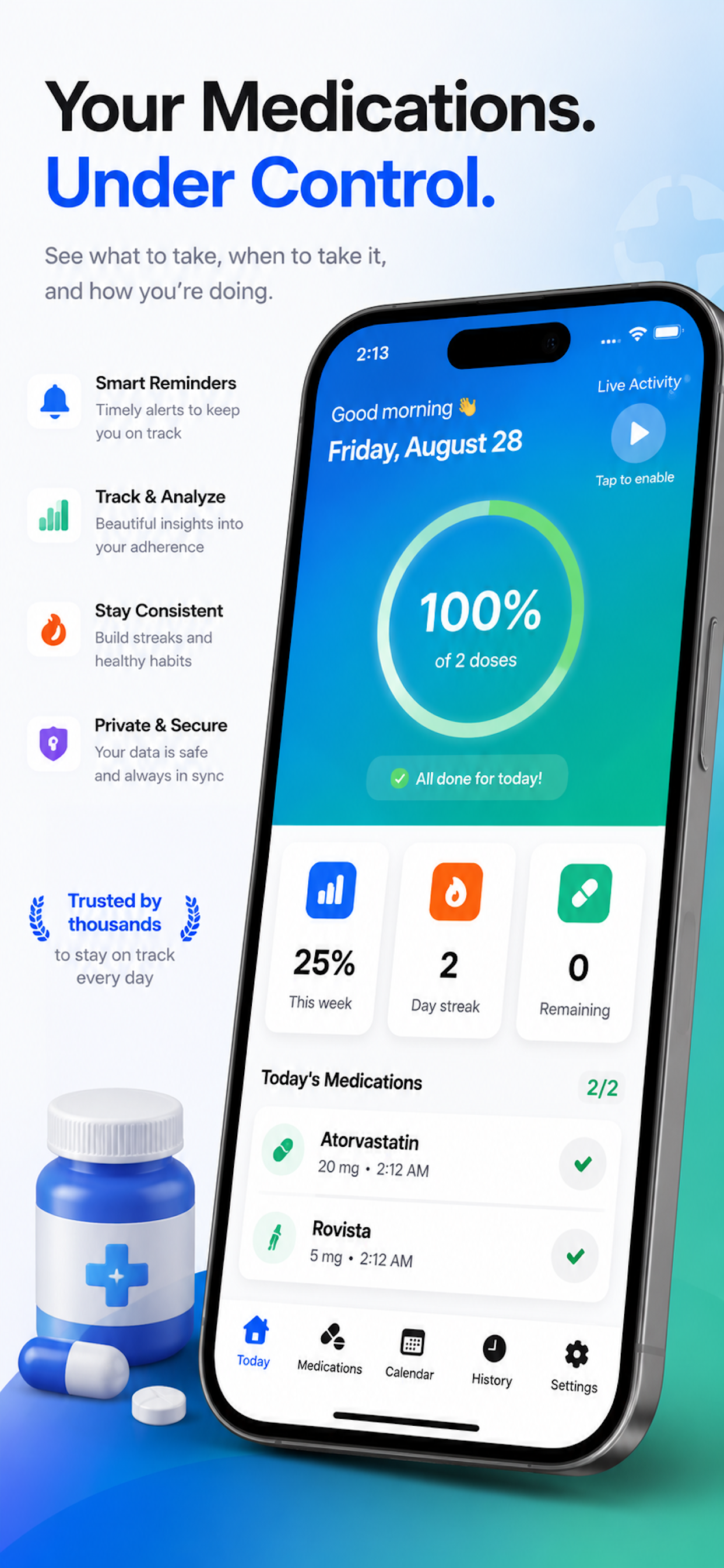 PillVault today screen showing 100% adherence for 2 doses