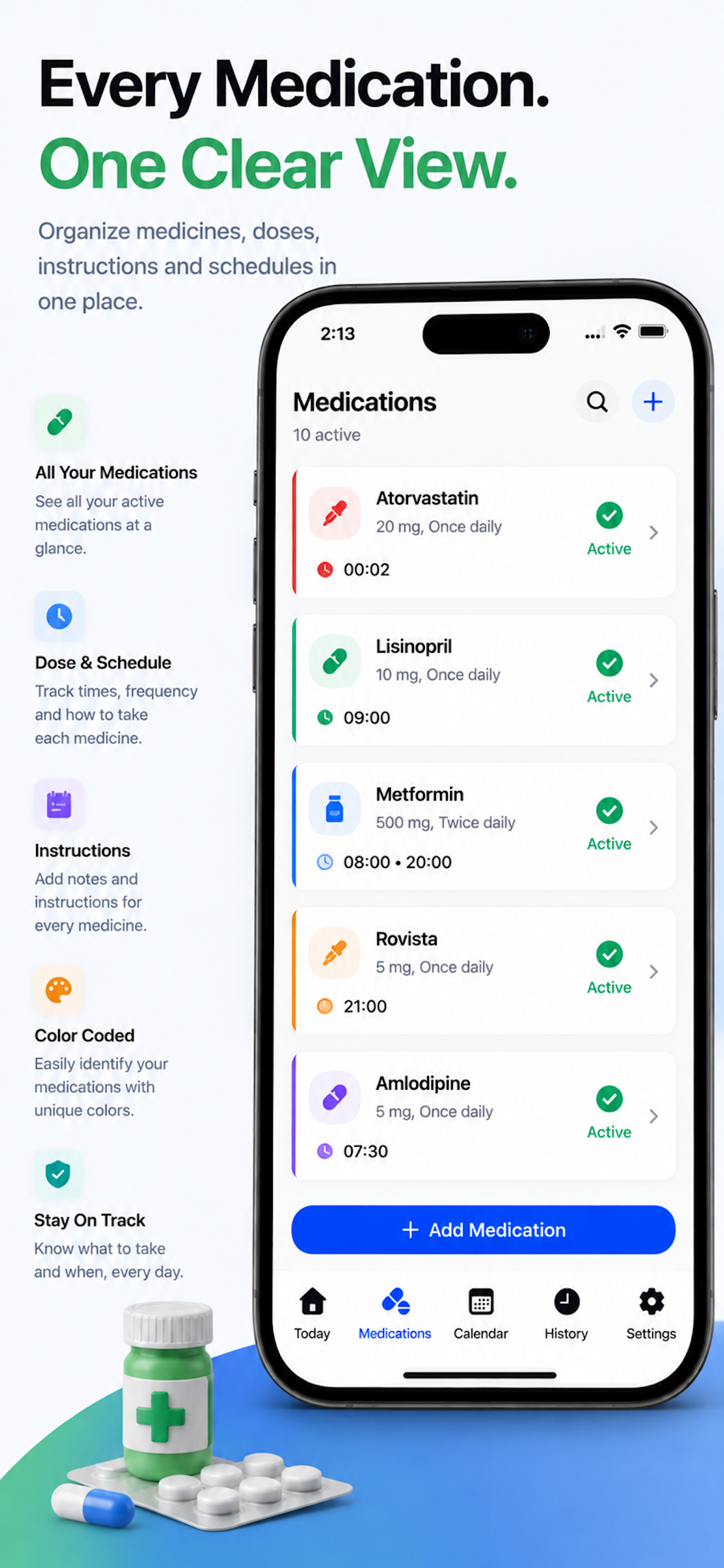 PillVault medications list - all active prescriptions in one view