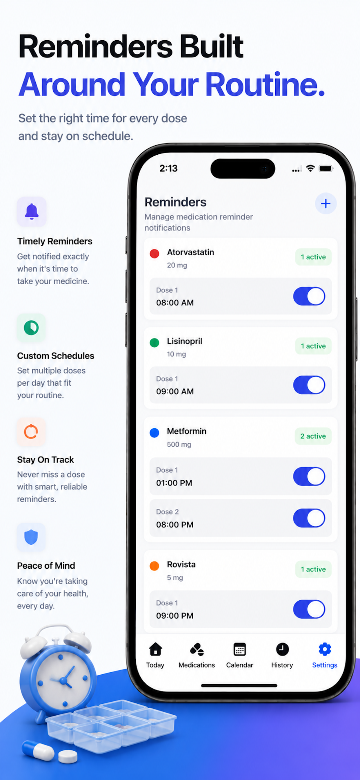 PillVault reminders - custom dose schedules and notification times