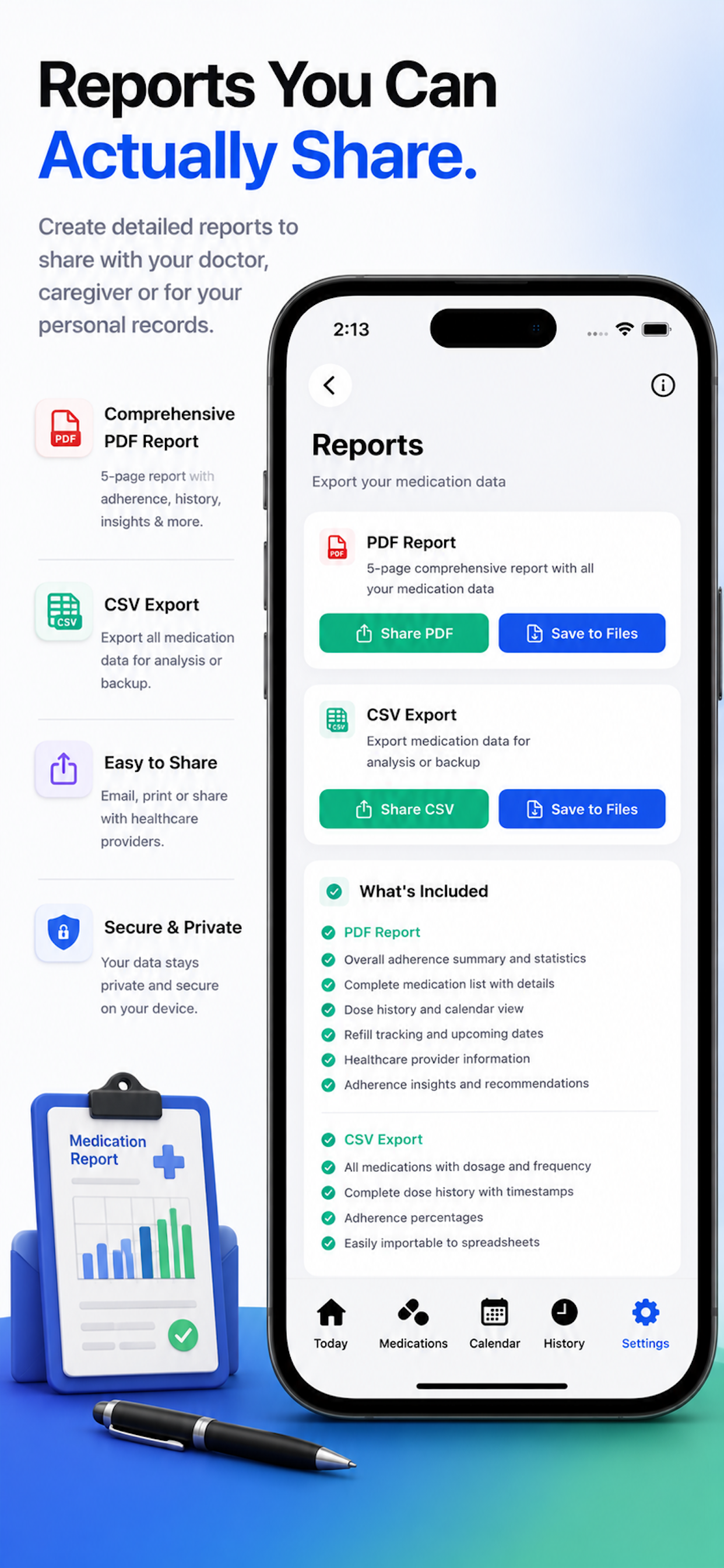 PillVault reports - PDF and CSV export for sharing with your doctor