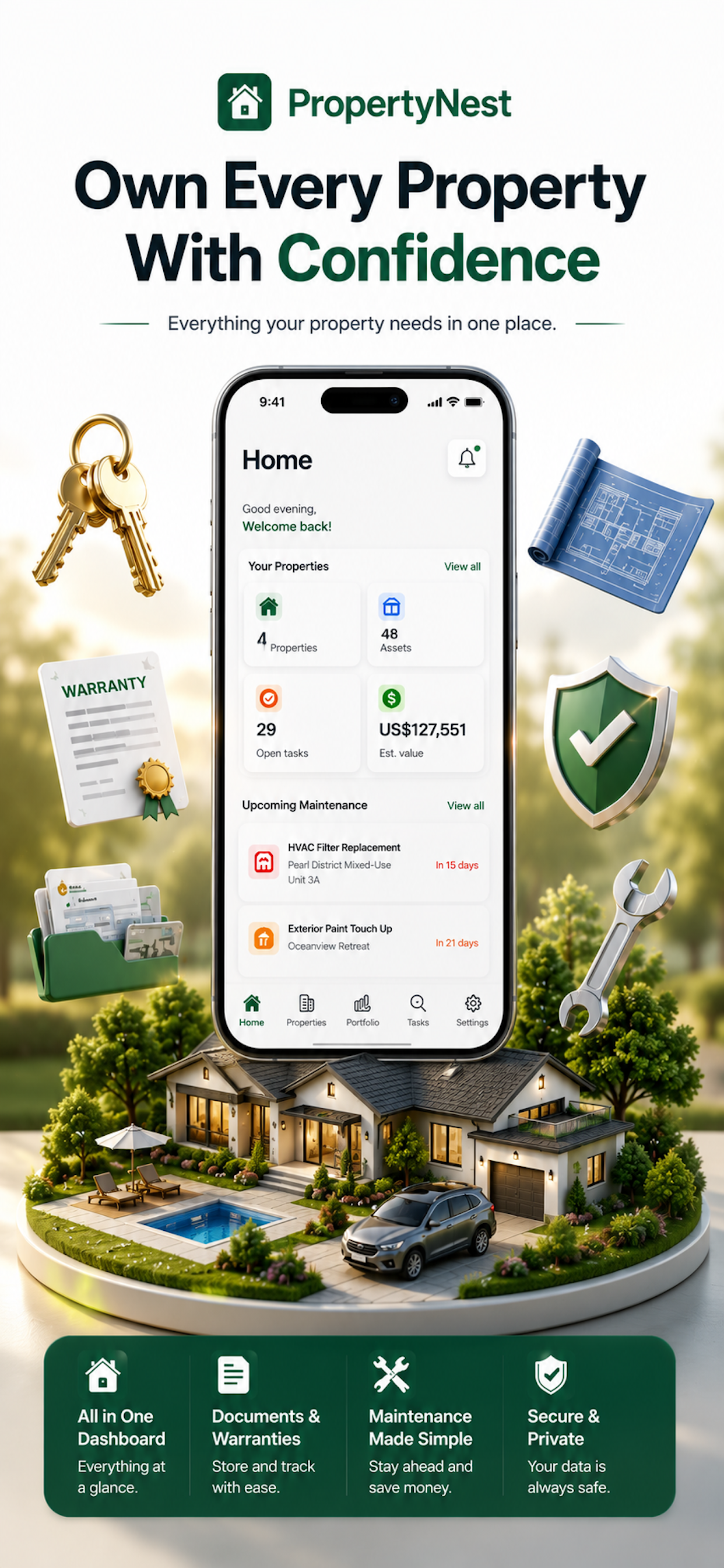 PropertyNest home screen - manage multiple properties