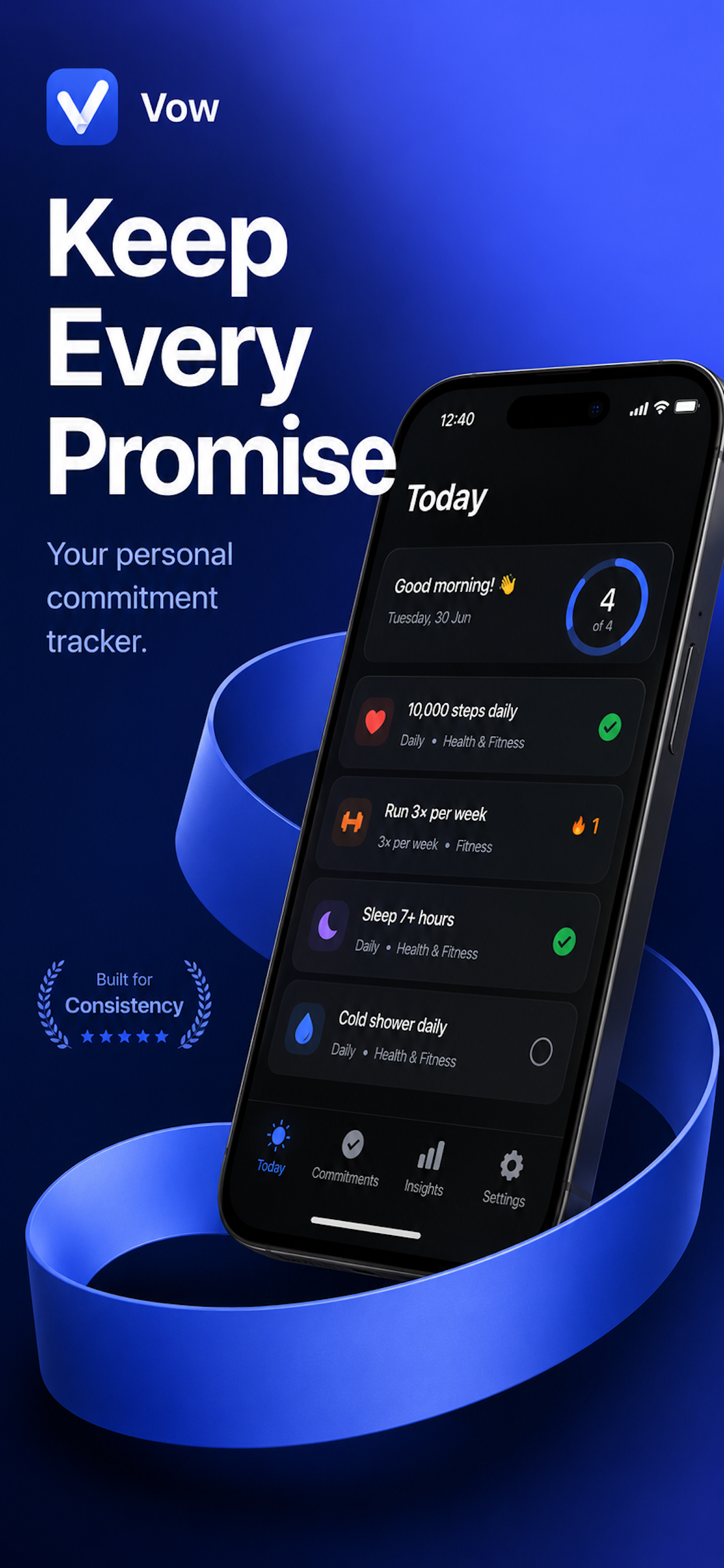 Vow - Habit tracker home screen with streak tracking